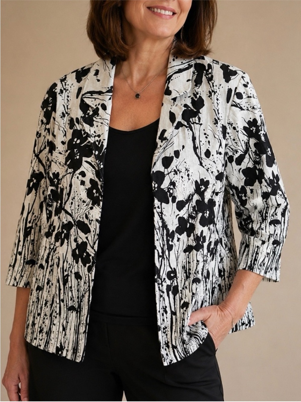Coldwater Creek 100% Linen Ivory and Black Floral Collared Jacket sz 8